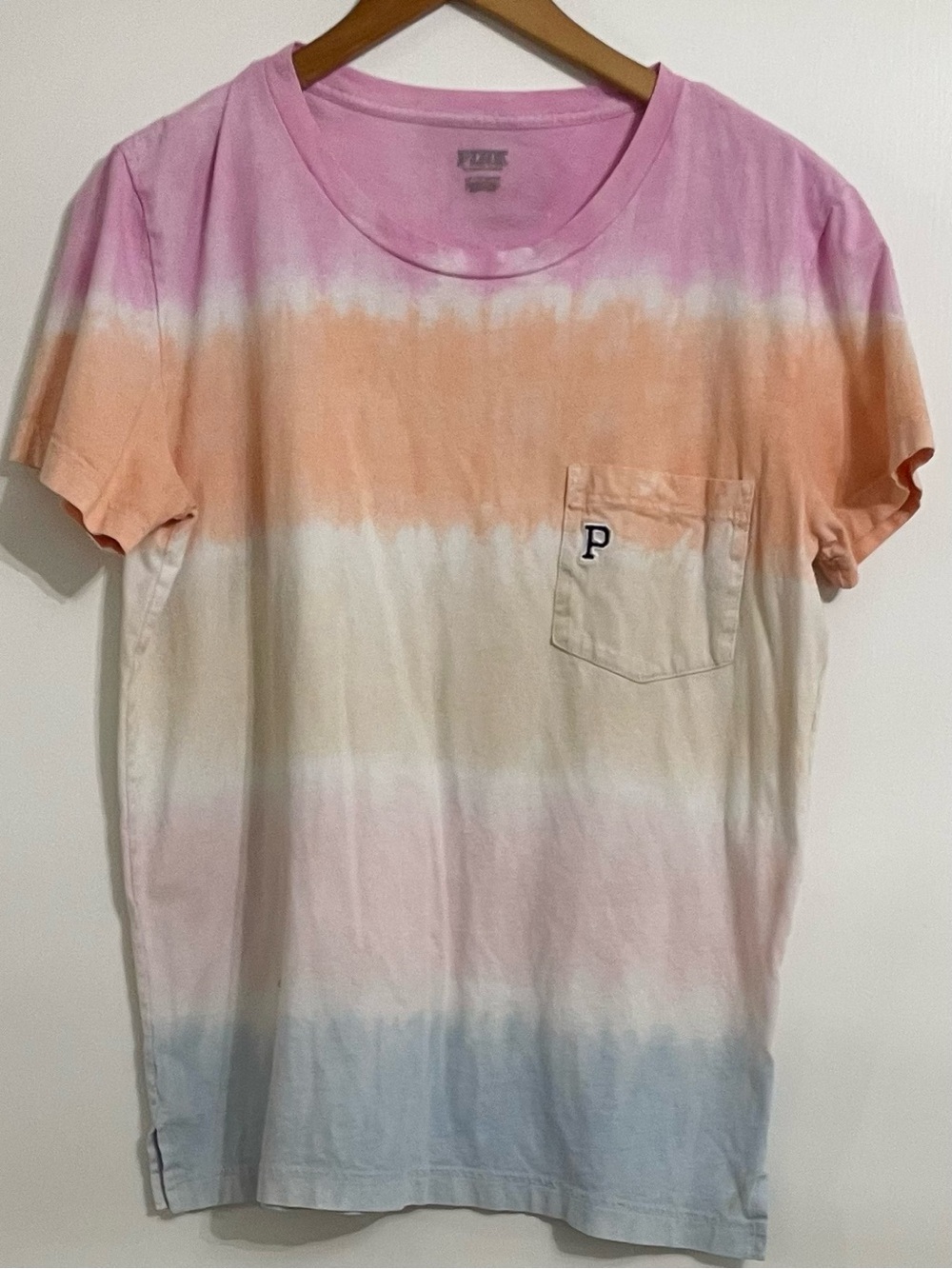 PINK Victoria's Secret Striped Tie-Dye Pocket Tee - Pink, Orange, Cream, Blue